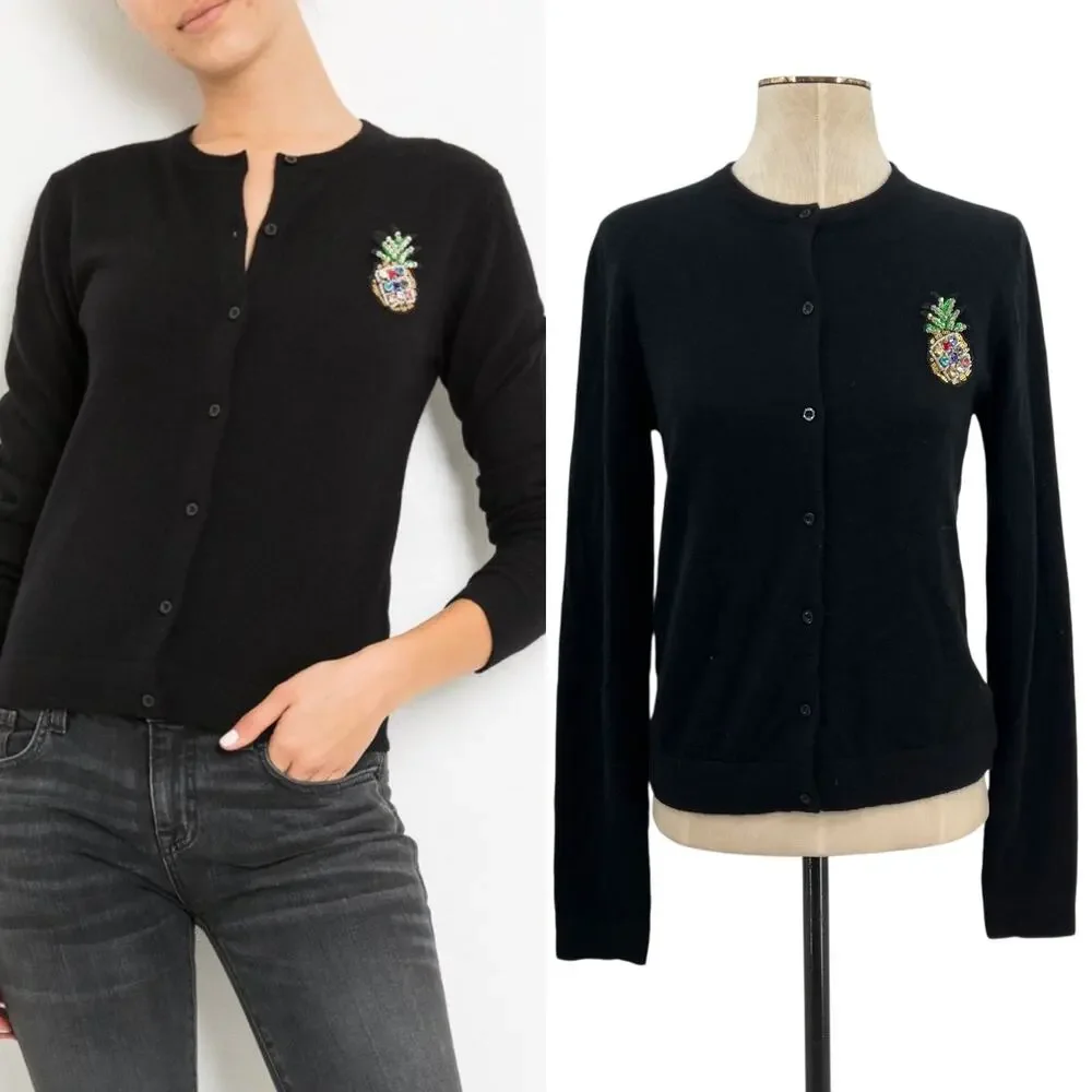 Le Superbe Embellished Cardigan Sweater Cashmere Pineapple Black‎ Size Medium